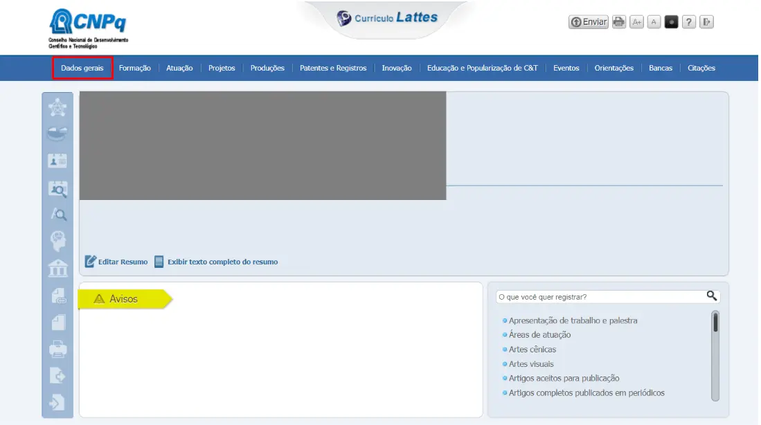 Dados gerais Plataforma Lattes
