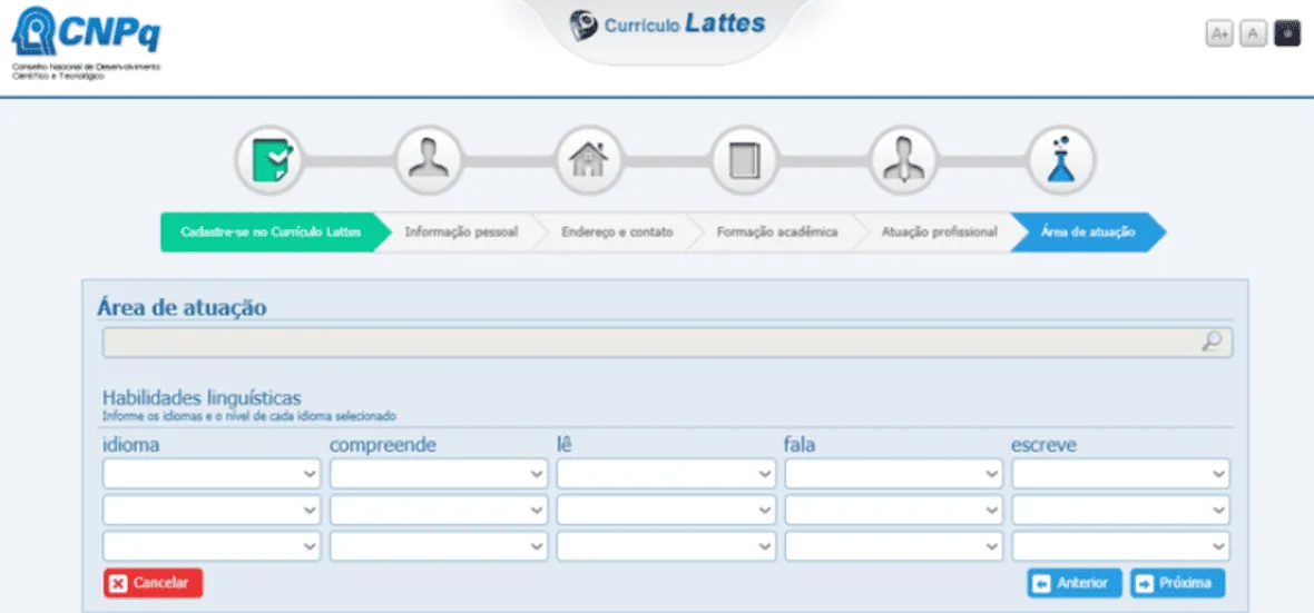 Área de atuação e habilidades linguísticas Plataforma Lattes