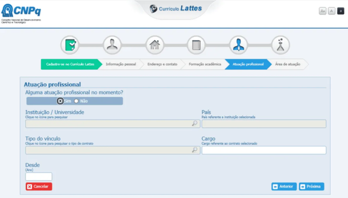 Experiências profissionais e projetos de pesquisa Plataforma Lattes